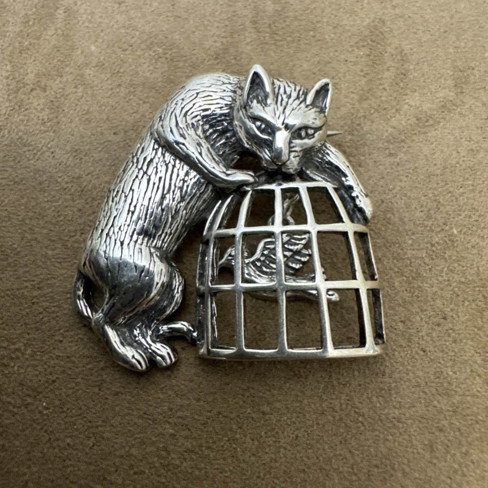 Vintage Jezlaine 925 Sterling Silver  Brooch Cat on Bird Cage Articulated Signed